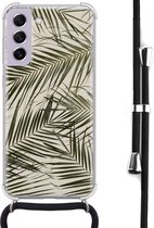 Hoesje met koord - Geschikt voor Samsung Galaxy S21 FE - Palmbladeren - Verstelbaar zwart koord - Crossbody - Planten - Transparant, Groen - Leuke Telefoonhoesjes