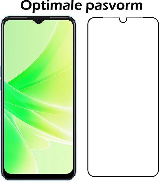 Protecteur d'écran en verre trempé, 'Ajustement optimal' pour OPPO A17. Montre le téléphone avec un arrière-plan abstrait vert/blanc.