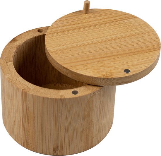 Zoutpot met deksel en lepel - Zeezoutvlokkenhouder - Bamboe kelder met magnetisch draaideksel - Kruidenpot opbergdoos voor op het aanrecht - Peperpot