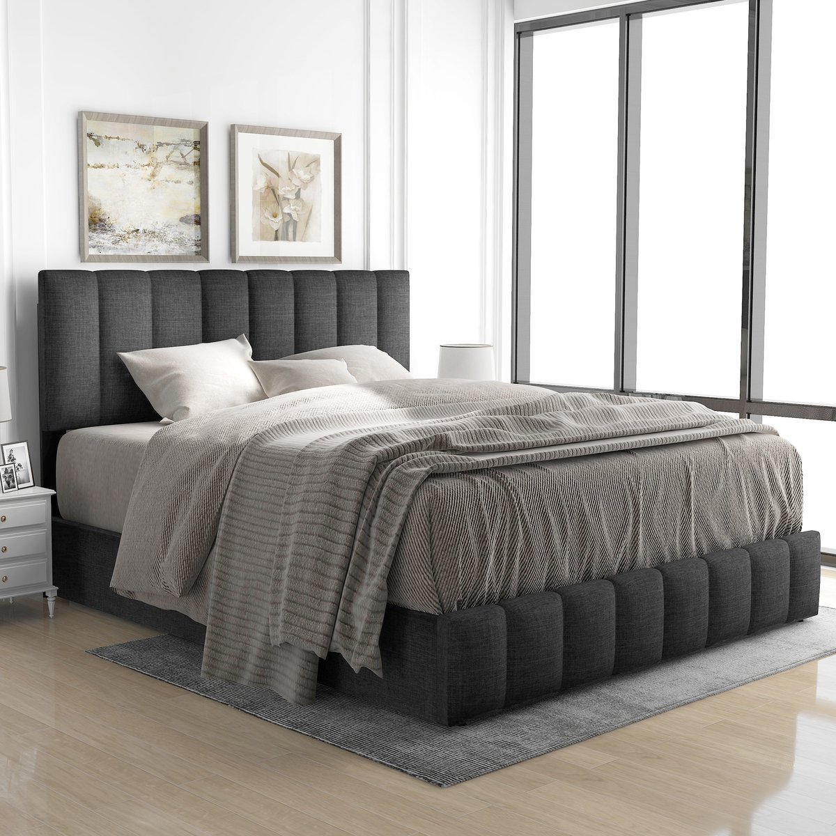 Dolamaní Gestoffeerd bed 160x200 cm fluweel met hoofdeinde grote rugleuning, hydraulische opbergruimte, tweepersoonsbed met lattenbodem, grijs