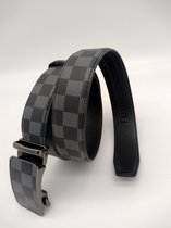 RR22-90.zw.130 : Damier zwart/grijs gecoate canvas om leder riem met automatische zwarte buckle, 130 cm