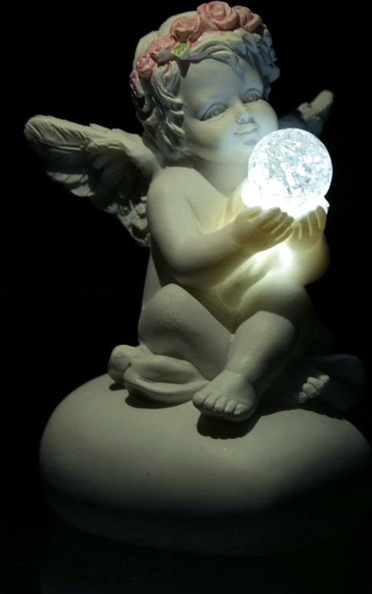 Engel avec sphère LED | Ange | Cadeau | Image | LED |  chérubin | Boule de cristal |Amour | bouton de rose | A. de Laar | Blanc