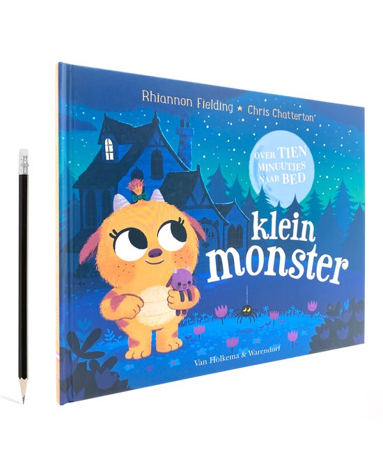 Boekomslag 'Klein monster' met een oranje monster, sprookjesachtig huis en titel, naast een potlood.