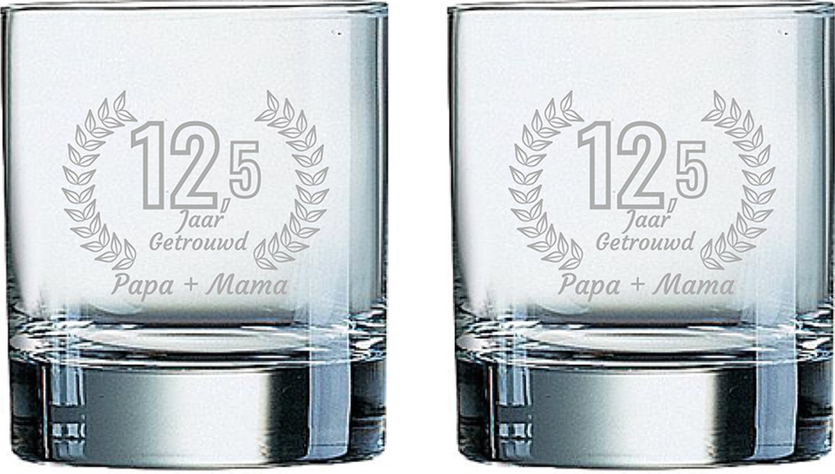 Gegraveerde set Whiskeyglazen 20cl Papa + Mama 12,5 jaar getrouwd