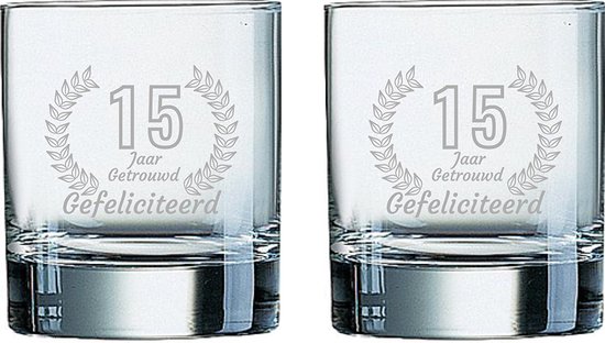 Gegraveerde set Whiskeyglazen 20cl Gefeliciteerd 15 jaar getrouwd | bol