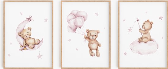 No Filter Babykamer posters set - 3 stuks - 21x30 cm (A4) - Kinderkamer decoratie - Teddy beer met ballon - Sterren - Roze