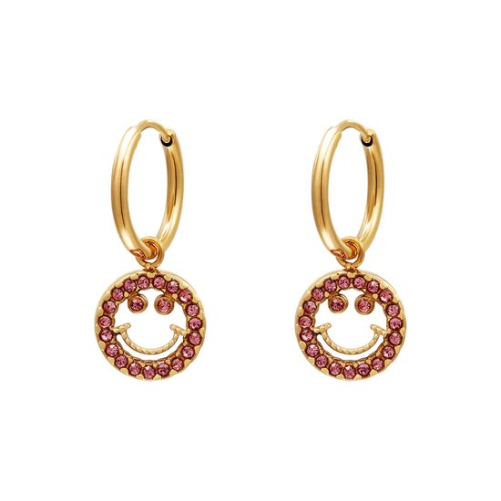 Oorbellen smiley met zirkonia steentjes - Yehwang - Oorbellen - One size - Goud/Roze