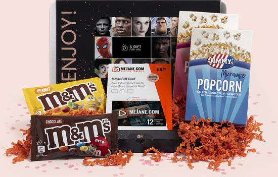 Filmpakket - filmbox cadeau met Jimmy's popcorn, M&Ms, film cadeaukaart voor 1-2 topfilms met evt. een persoonlijk bericht - Thuis bioscoop pakket - meJane.com