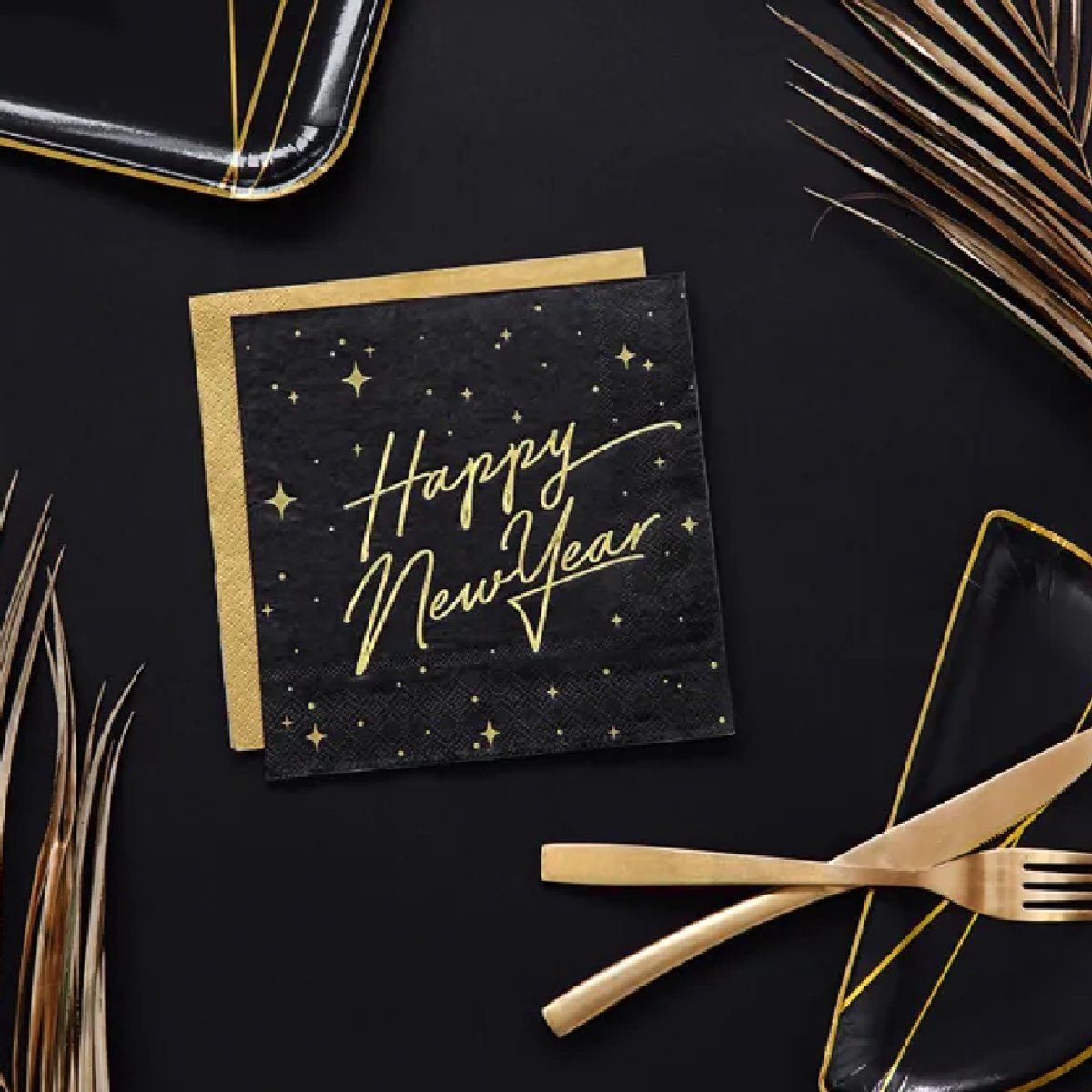 PartyDeco - Servetten Happy New Year Zwart (20 stuks)
