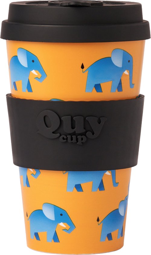 Quy Cup 400ml Gobelet de voyage écologique - « ELEPHANT » - Bouteilles recyclées avec couvercle en silicone Zwart 9x9xH15cm