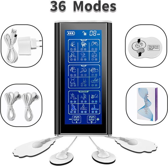 Spierstimulator TENS- EMS Spierstimulator - elektrotherapie - fysiotechniek - spieropbouw met- dubbele onafhankelijke kanalen TENS EMS-eenheid voor pijnverlichting, TENS-eenheid spierstimulator met 36 modi 20 intensiteitsniveaus