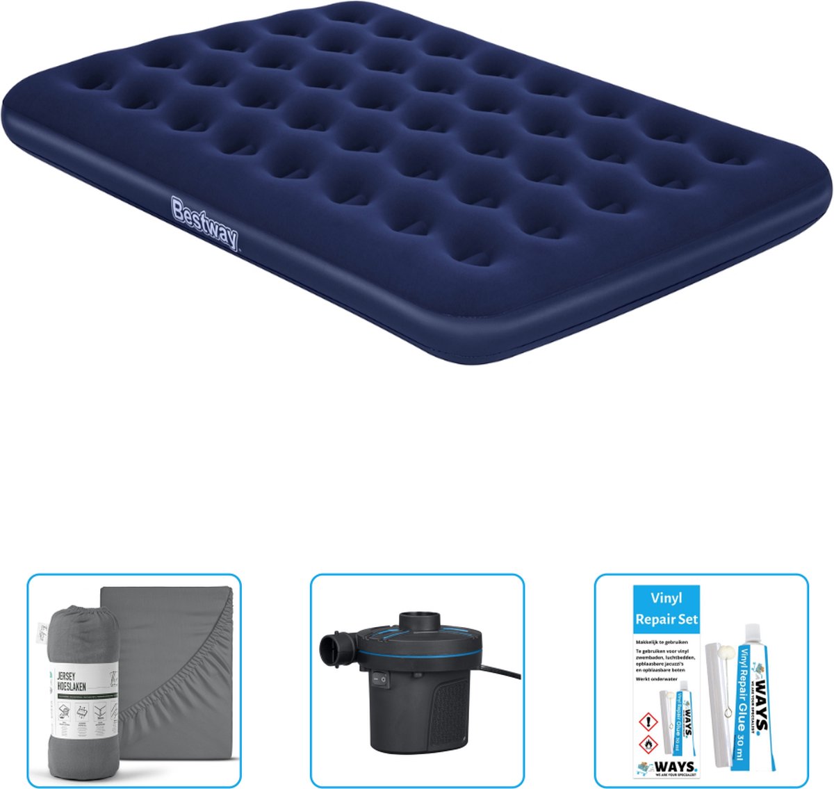 Bestway luchtbed - Twijfelaar - 137 x 191 x 22 cm - Blauw - Inclusief Hoeslaken - Pomp en Reparatieset