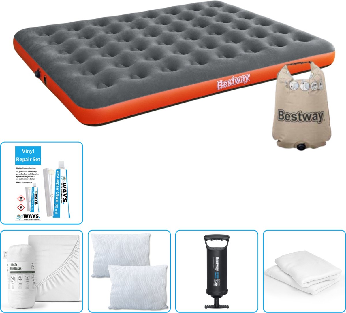 Bestway luchtbed - 2-Persoons - 152 x 203 x 22 cm - Grijs/Oranje - Inclusief Hoeslaken - Kussen - Kussenbeschermer - Pomp en Reparatieset
