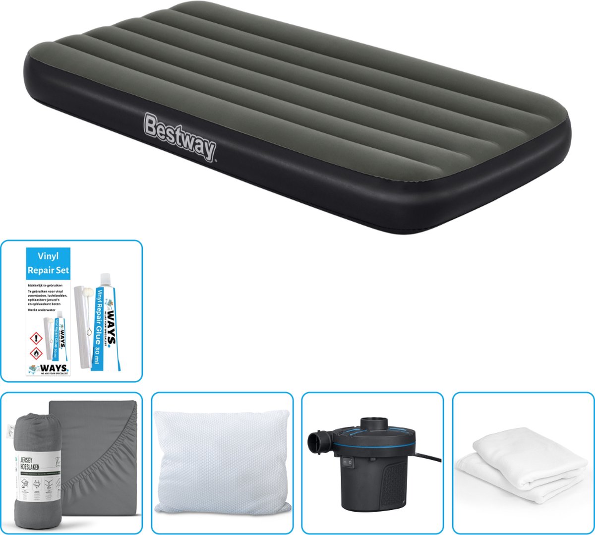 Bestway luchtbed - 1-Persoons - 99 x 188 x 28 cm - Blauw - Inclusief pomp - Hoeslaken - Kussen - Kussenbeschermer - Pomp en Reparatieset