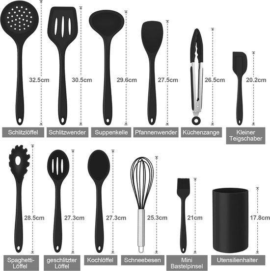 Keukengerei, Kookgerei, Siliconen, Hout, 12-delige Set, Keukenaccessoires, BPA-vrij, Anti-aanbaklaag, Krasbestendig en Hittebestendig, Keukengereedschap voor Pollepel, Spatel, Pastalepel
