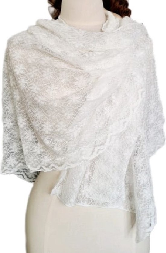 Mooie Dames sjaal met bloem- Stola doorschijnend Omslagsjaal wit- Stijlvolle hoofddoek- Gala| Feest| Bruiloft
