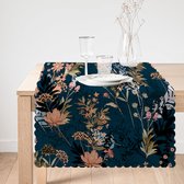 Bedrukt Velvet textiel Tafelloper 65x240 cm - Bloemen op donkerblauw - Fluweel - Runner