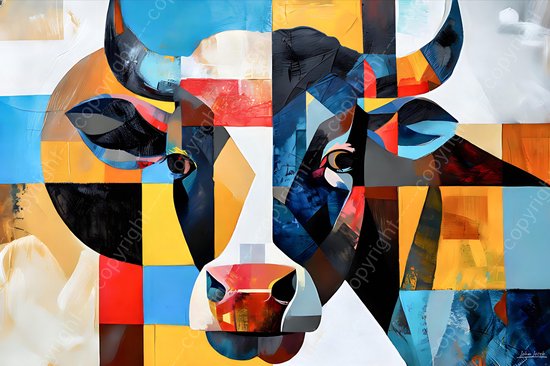 JJ-Art (Canvas) 120x80 | Koe / stier, abstract, kubisme, kleurrijk, kunst | dier, hoofd, koe, stier, rood, bruin, blauw, geel, wit, modern | Foto-Schilderij canvas print (wanddecoratie)