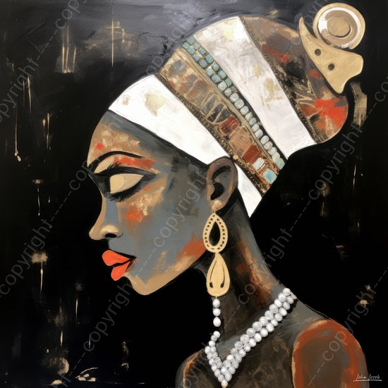 JJ-Art (Aluminium) 100x100 | Donkere Afrikaanse vrouw, juwelen, sieraden, portret, geschilderde stijl, kunst | mens, gezicht, Afrika, rood, bruin, zwart, vierkant, modern | foto-schilderij op dibond, metaal wanddecoratie