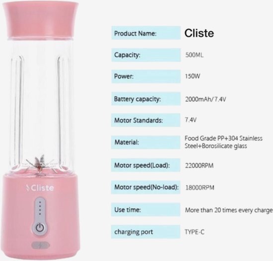 Cliste Draagbare Blender - Blender To Go - Portable Smoothie Blender - USB Oplaadbaar - 500 ml - Roze - Mini Smoothie Maker - USB Oplaadbaar - Fresh Juice Maker - Portable Blender - Roze - Recepten inbegrepen van Cliste — afbeelding 4