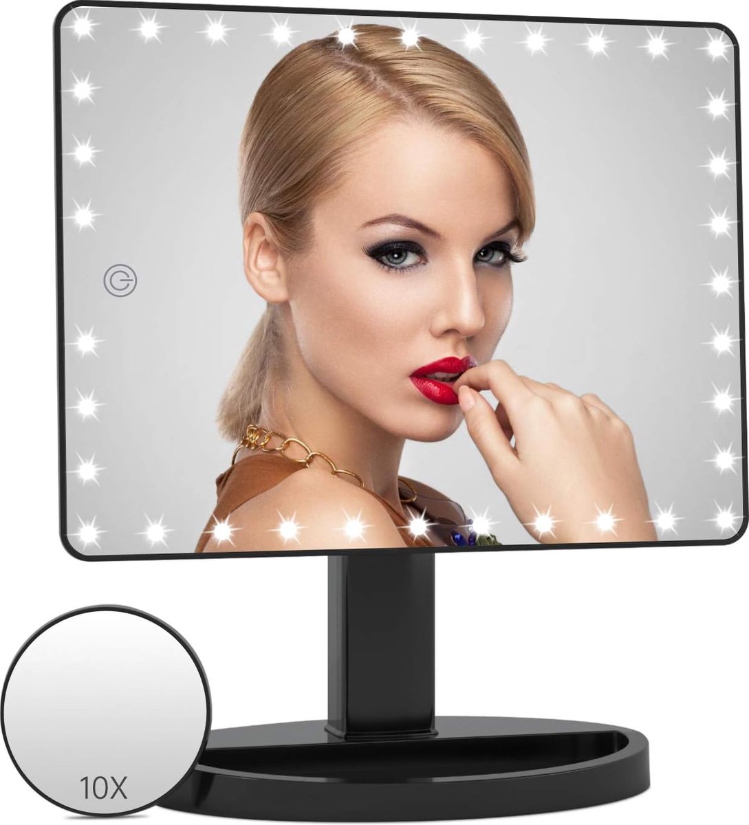 Goedkoopste Oplaadbare verlichte make-up make-upspiegel met 45 LED-verlichting, grote oplichtspiegel, 10x vergroting touchscreen, 360 ° rotatie draagbaar tafelblad bureau cosmetische verlichte spiegel