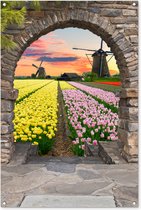 Tuinposter - Doorkijk - Tulpen - Molen - Nederland - Doorkijkje - Zonsondergang - 80x120 cm - Schuttingdoek - Tuindecoratie - Tuindoek - Buitenposter