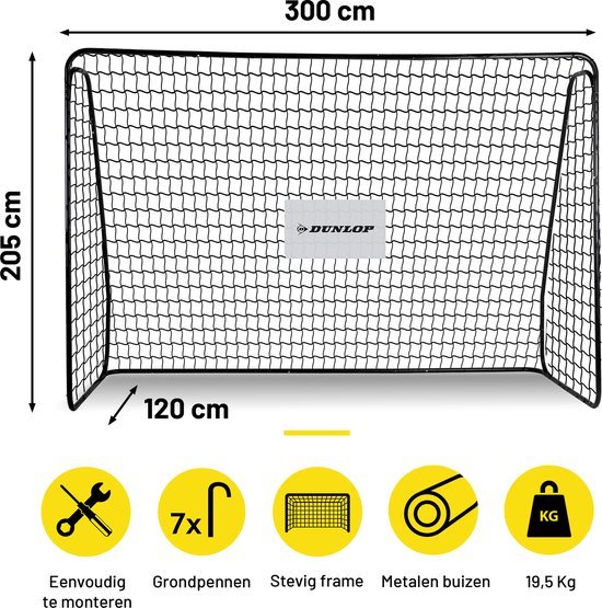 Dunlop Voetbalgoal Groot - 300x205x120 cm - Metaal - Snelle montage | bol
