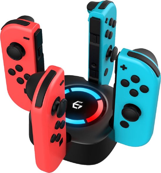 Zwart oplaaddock met vier Joy-Cons (twee rood, twee blauw) geplaatst. Centraal een ring met blauwe en rode LED-verlichting.