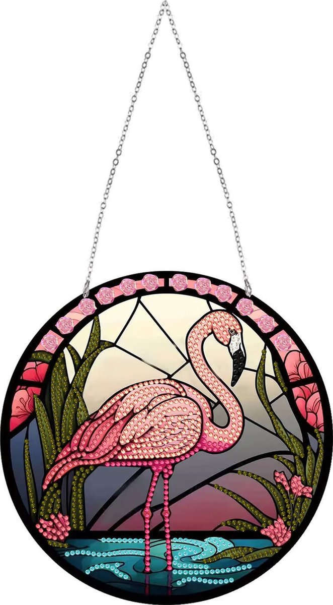 Diamond Painting Raamhanger Flamingo Compleet Hobbypakket Ronde steentjes