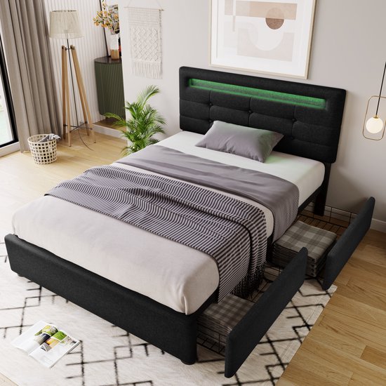 Sweiko Gestoffeerd bed met LED verlichting en 2-laden, 90x200cm Eenpersoonsbed, Verstelbaar hoofdeinde, Houten voet, Zwart