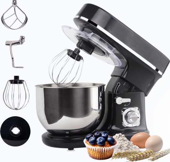 BluMill Keukenmachine - RVS - 6 Snelheden - Keukenmachine met kom - 5 Liter - met Accessoires - 1200W - Zwart Chrome