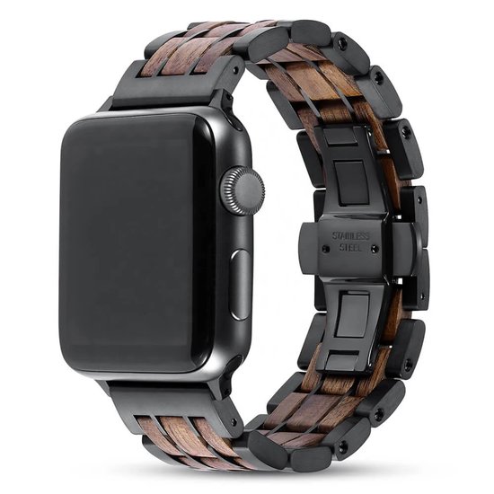 Apple Watch-bandje - walnotenhout en zwart staal 42-45 mm