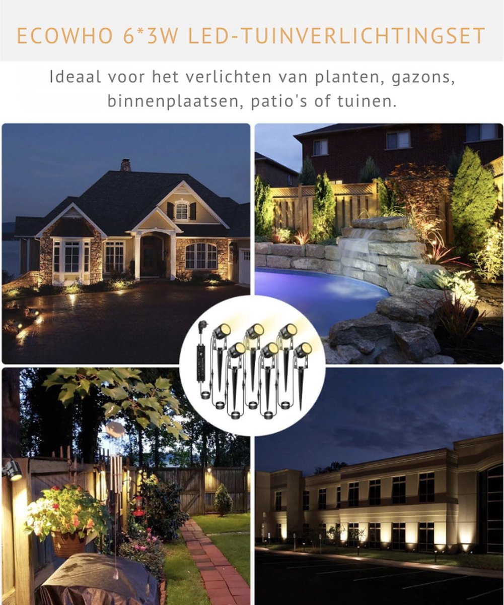 Pogestrand LED Tuinverlichting met Stroom, 14M/46FT 4-delig Set, 1000LM 2Wx4 Tuinschijnwerper 27V COB IP65 Waterdichte Schijnwerper Warm Wit met Grondpen voor Buiten Tuin Hof