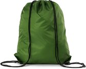 Donkergroene rugzak met zwarte trekkoorden, 42 cm hoog en 34 cm breed.