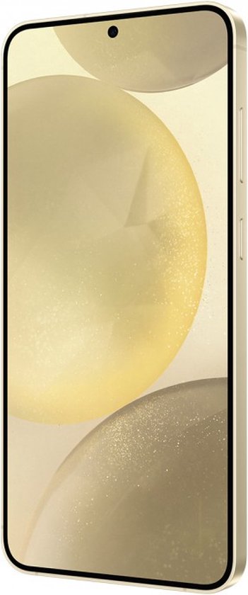 Goudkleurige smartphone, schuin van voren met een op bolvormige objecten gebaseerd achtergrondaard.