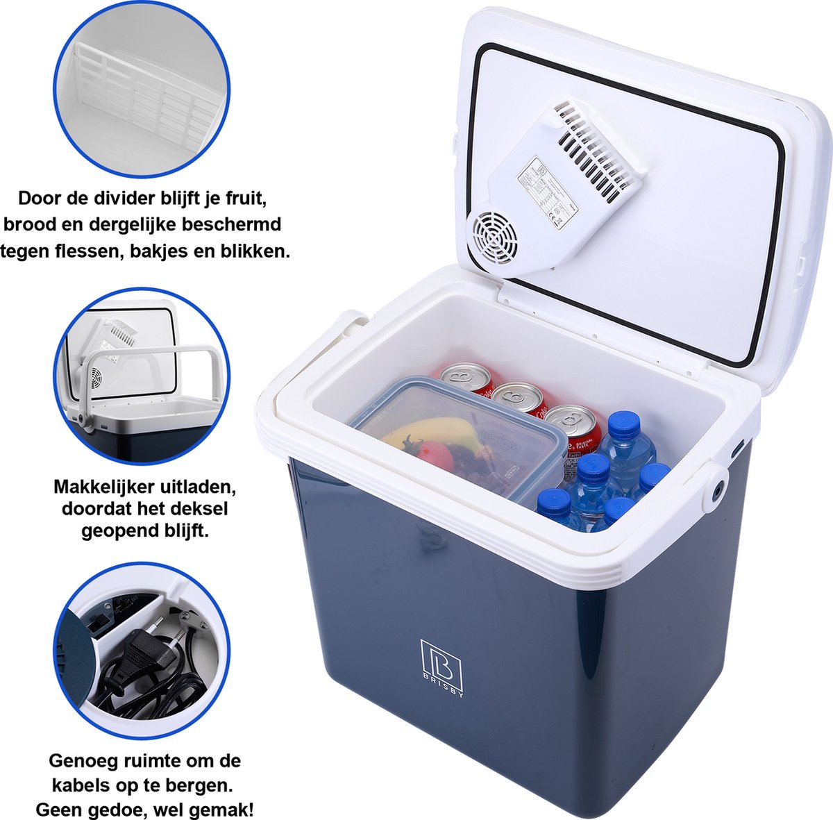 Brisby 25 Liter Elektrische Koelbox, Frigobox Deluxe met 12V, 220/230 Volt Aansluiting voor Auto en Camping – AC/DC - Coolbox - Divider en Deksel vergrendelstand - BLAUW – foto 8