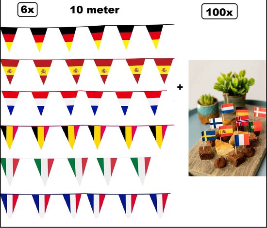 Foto: 6x vlaggenlijn landen set assortie 10 meter 100x internationale vlaggetjes prikkers sport evenement duitsland spanje holland belgie italie frankrijk