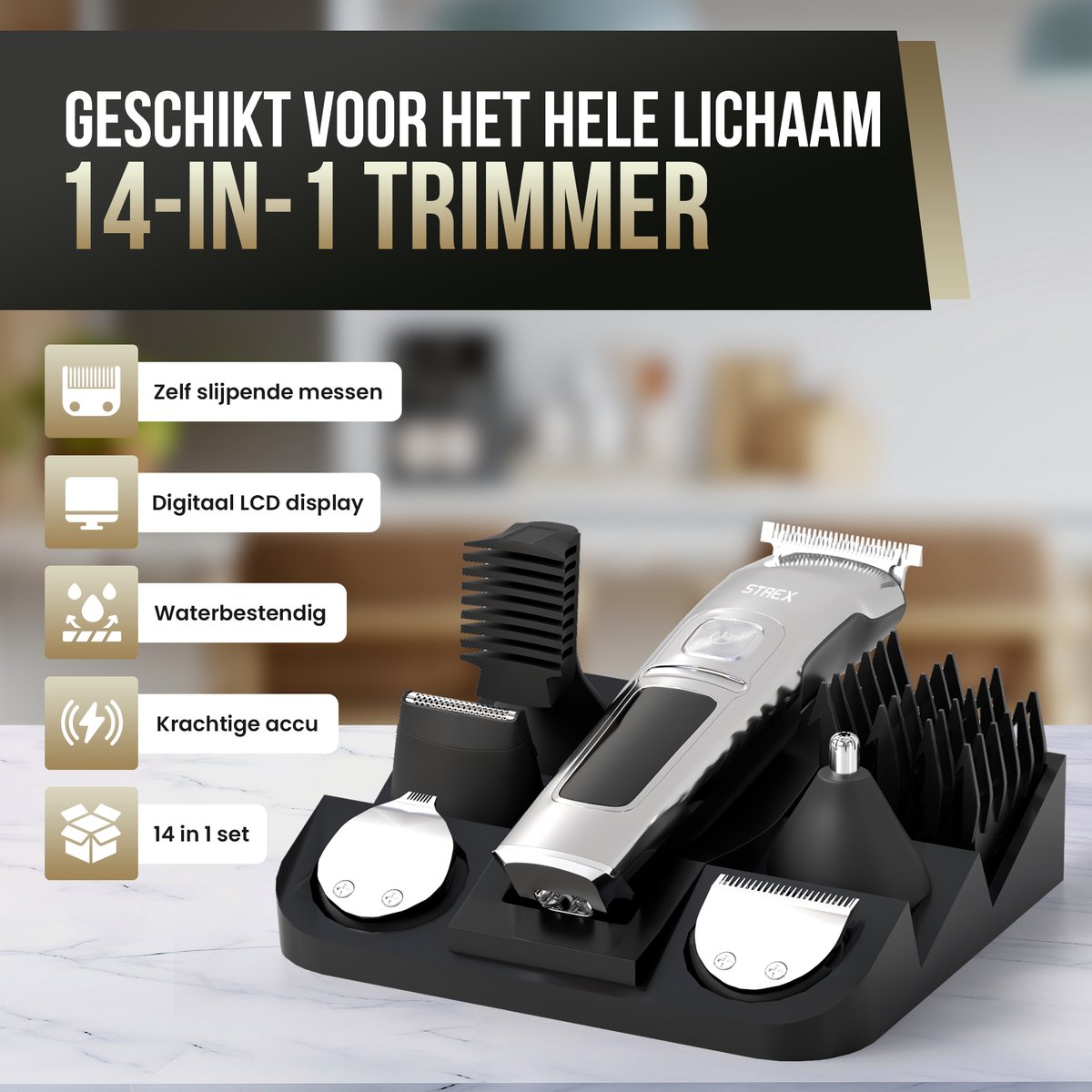 Strex Baardtrimmer - 14 in 1 Set - Draadloos & Waterbestendig - Multigroomer / Bodygroomer / Trimmer thumbnail 2