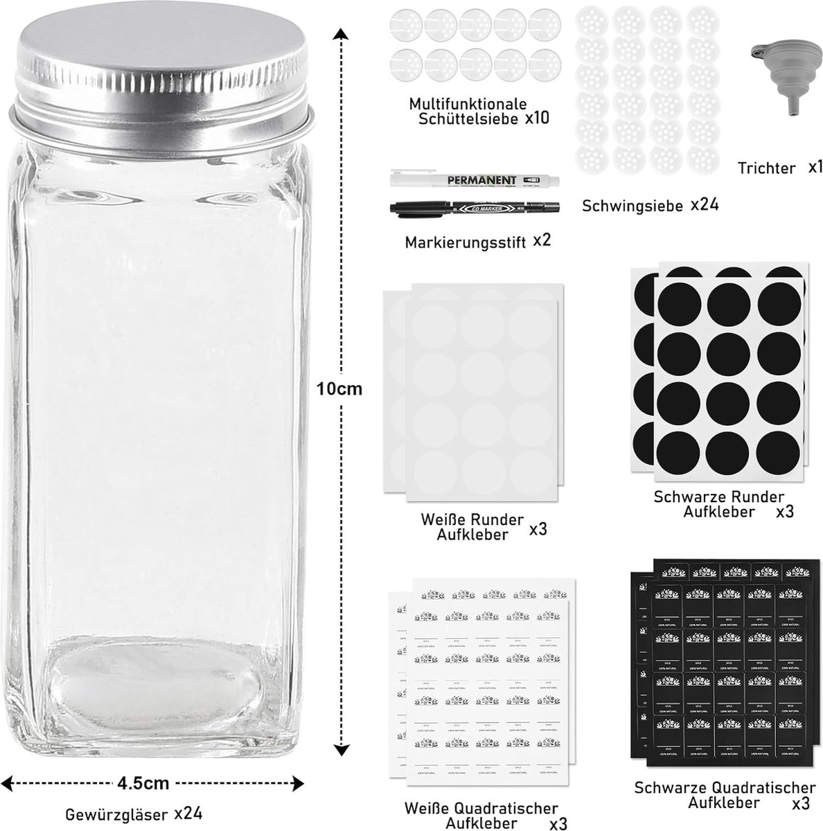 Ferghana 12 stuks kruidenpotjes, kruidenpotjes, 120 ml, kruidenpotjes met roestvrijstalen deksel, trechtermarker, borstel voor het reinigen van etiketten Ferghana 12 stuks kruidenpotjes, kruidenpotjes, 120 ml, kruidenpotjes met roestvrijstalen deksel, trechtermarker, borstel voor het reinigen van etiketten