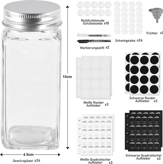 thumbnail: MXTIMWAN Set Van 24 Kruidenpotjes 120 Ml | Vierkant Glas + 2-in-1 Deksel | Met Trechter & Stickers