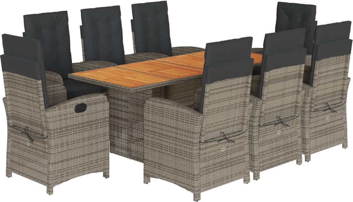 VidaXL 9-delige Tuinset met kussens poly rattan grijs