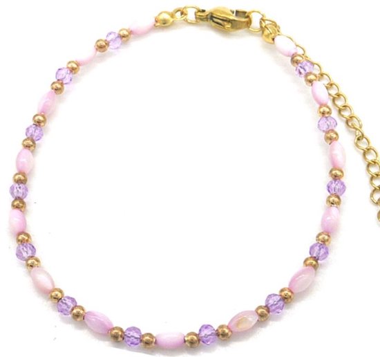 Bracelet Femme - Perles - Acier Inoxydable - Longueur 17-21 cm - Doré et Violet