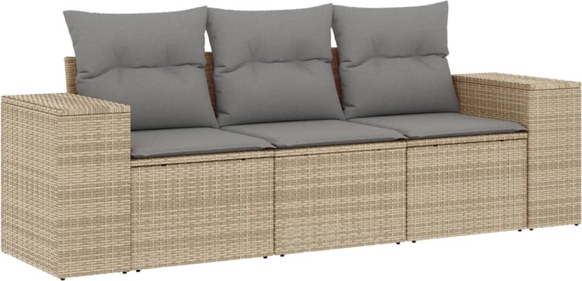 vidaXL 3-delige - Loungeset - met - kussens - poly - rattan - beige