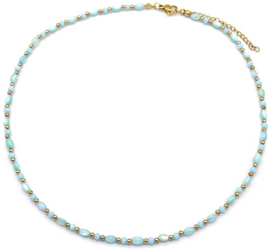 Ketting met Kralen - RVS - Lengte 39-44 cm - Goudkleurig en Blauw