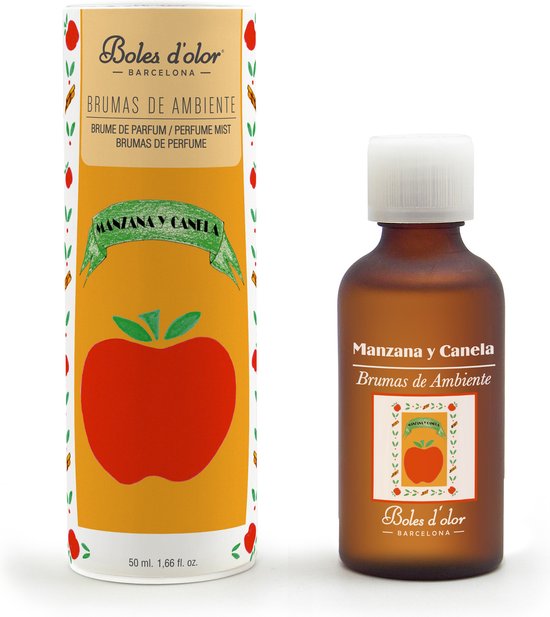 Verstuiver met de geur "Manzana y Canela" (appel en kaneel) in een oranje verpakking met een afbeelding van een appel.