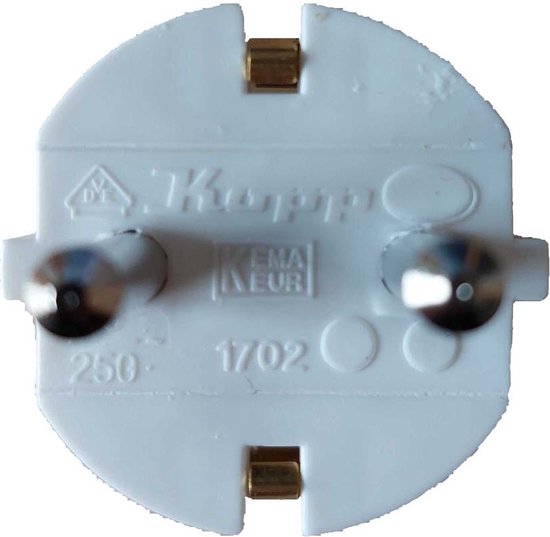 Witte Kopp stekker met twee ronde pinnen en KEMA EUR keurmerk.