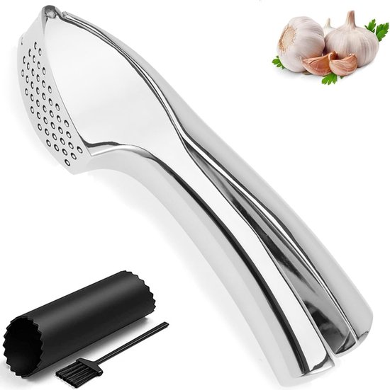 Garlic Press, knoflookpers, roestvrij staal, vaatwasmachinebestendig, knoflookversnipperset met silicagel, knoflookschiller en reinigingsborstel, keukengadgets