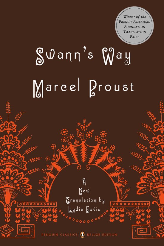 Livre "Swann's Way" de Marcel Proust, avec des ornements et du texte orange.