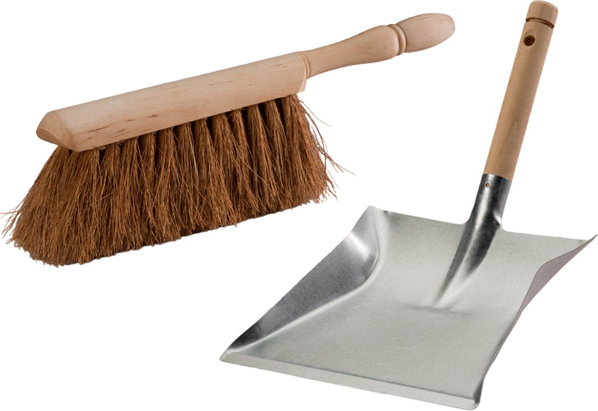 Goedkoopste Stoffer en blik - handveger kokos - stofblik metaal met houten handvat - Veger en blik