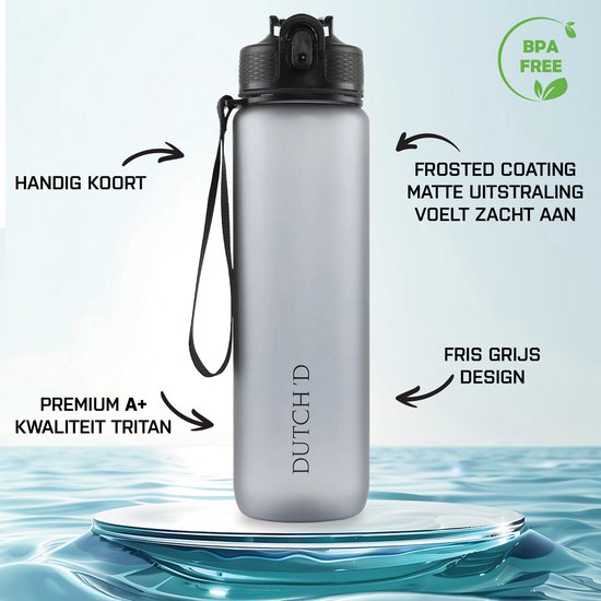 Dutch'D ® - DEAL! Set van 2 stuks - 1 liter Drinkfles - Drinkfles met rietje - Waterfles - Grijs - Drinkfles Volwassenen - Lek Vrij - Cadeau voor haar/hem - Verschillende Drinkflessen en waterflessen - Drinkbeker - Sportfles - Drinkbus